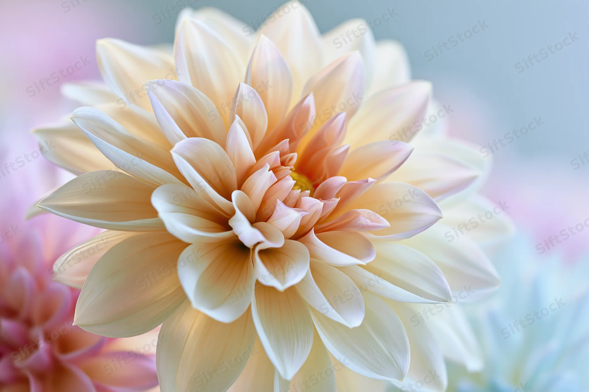 Close-up of a white and pale peach dahlia bloom with soft blurred background