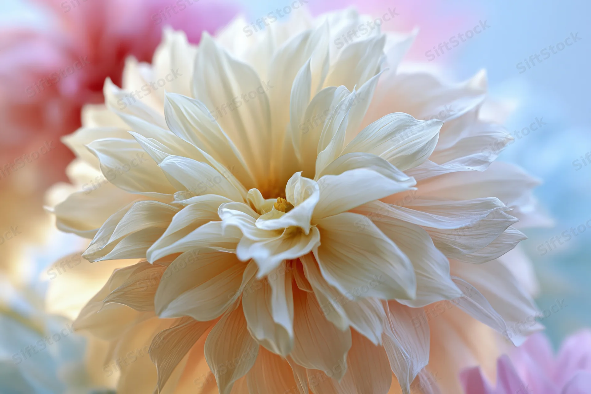 Close-up of a white and pale peach dahlia bloom with soft blurred background