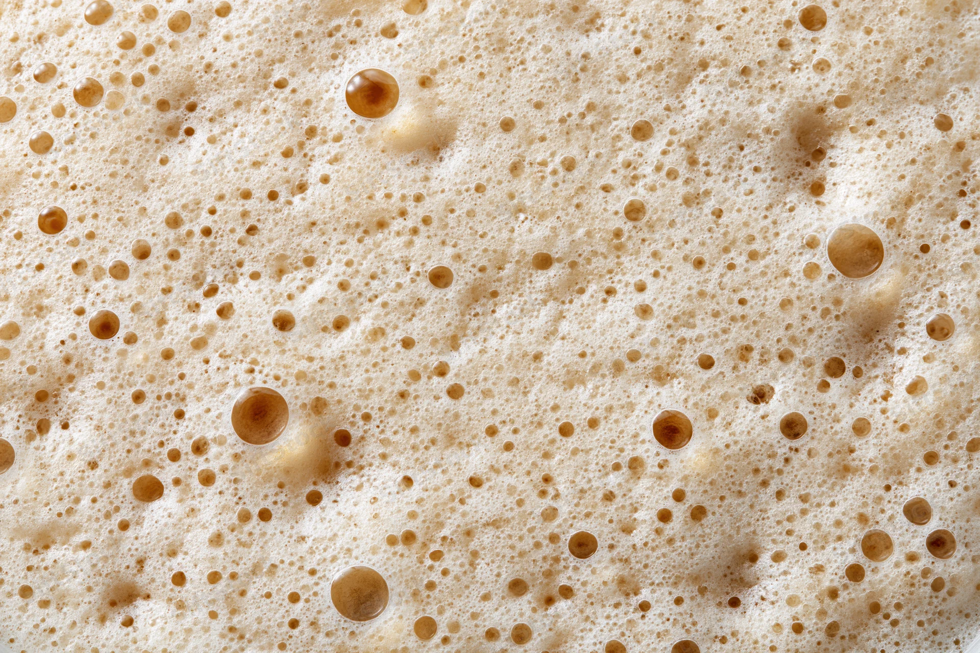 Close-up of coffee foam surface with bubbles and texture filling the frame