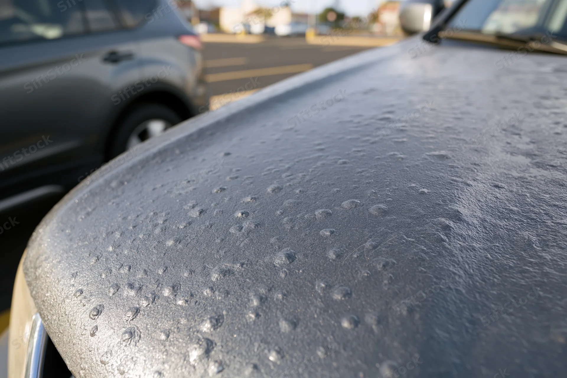 Close-up of hail-damaged car hood in a parking lot during daytime