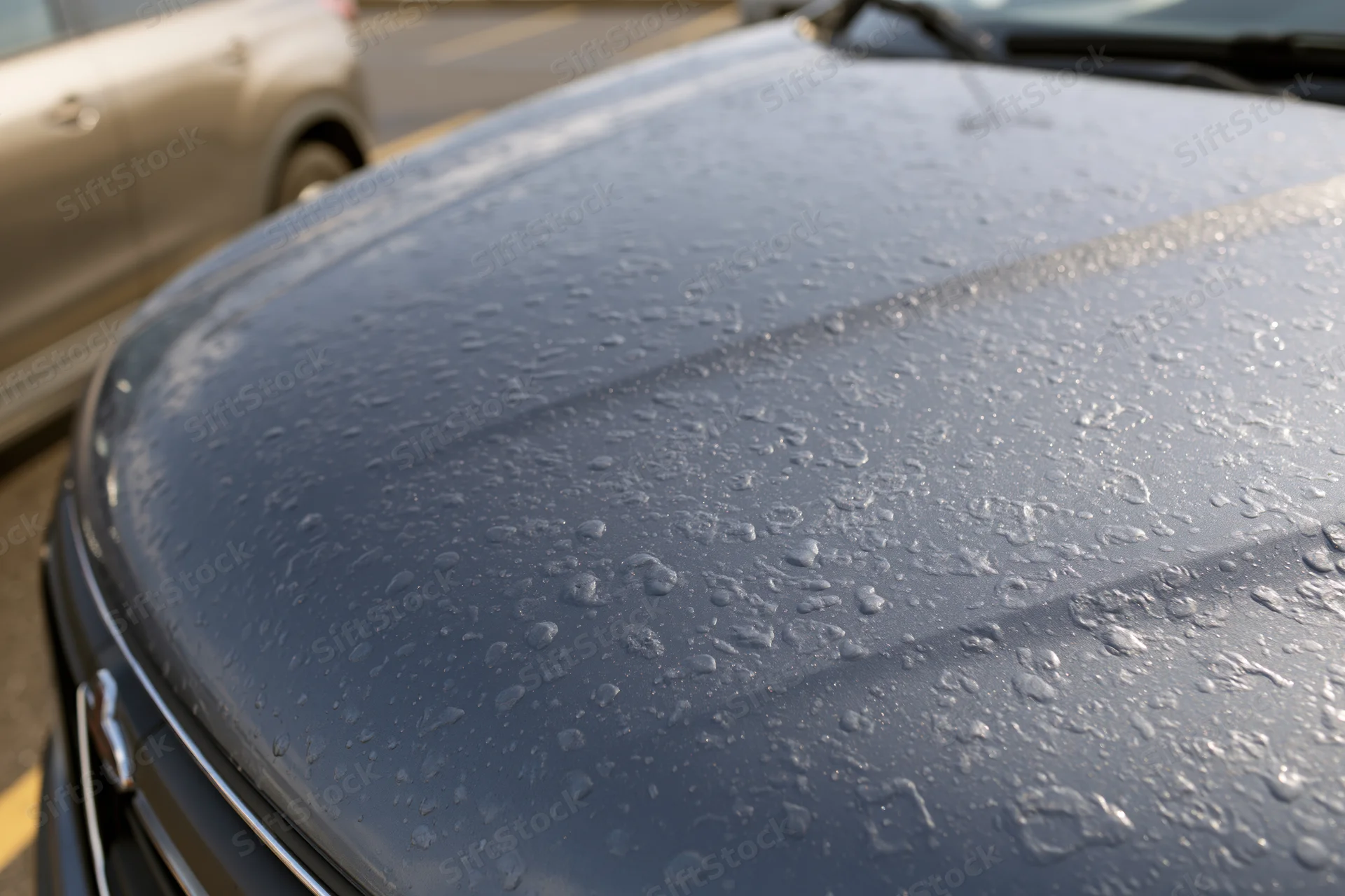 Close-up of water droplets on a dark grey car hood outdoors