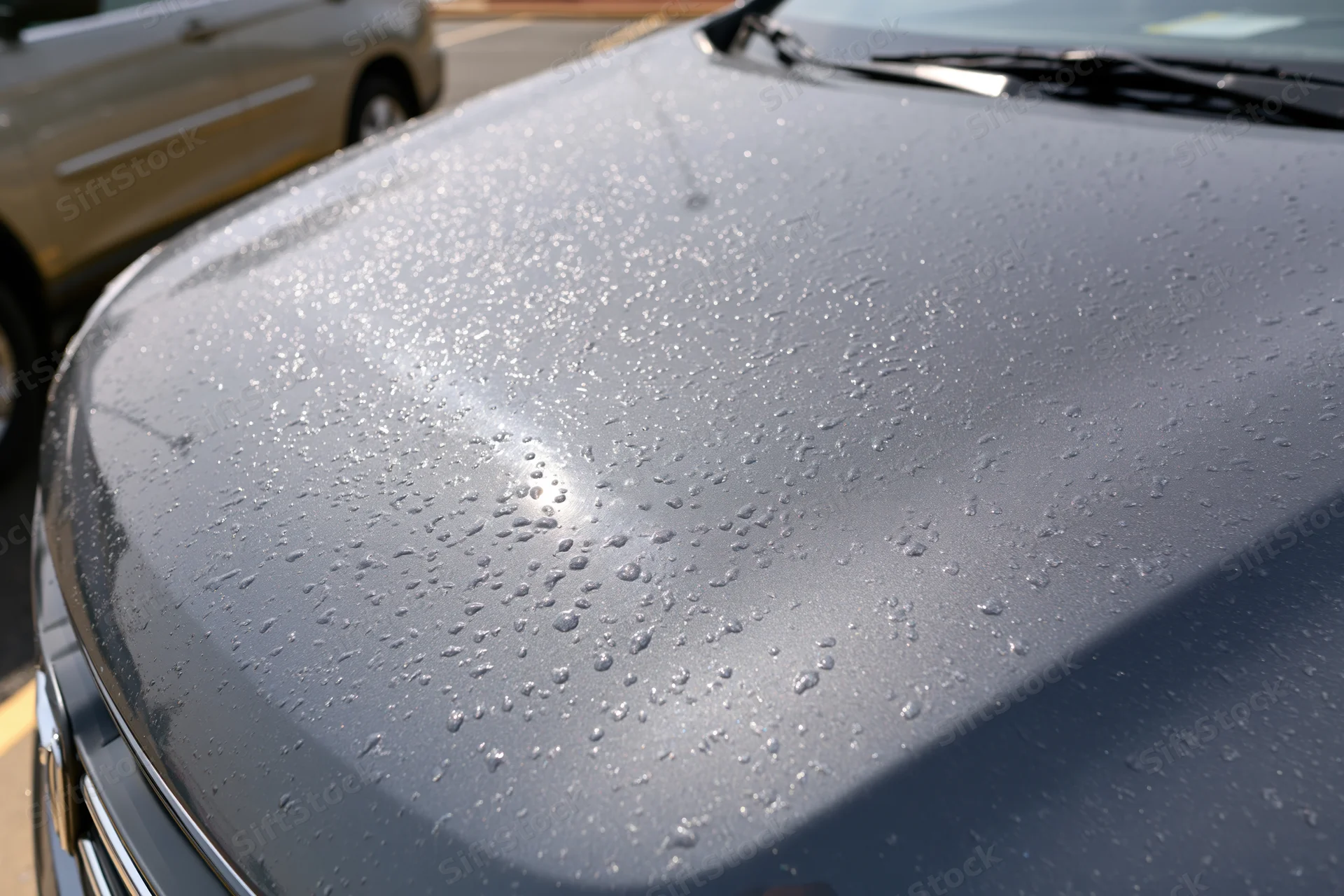 Close-up of water droplets on dark gray SUV hood in daylight parking lot
