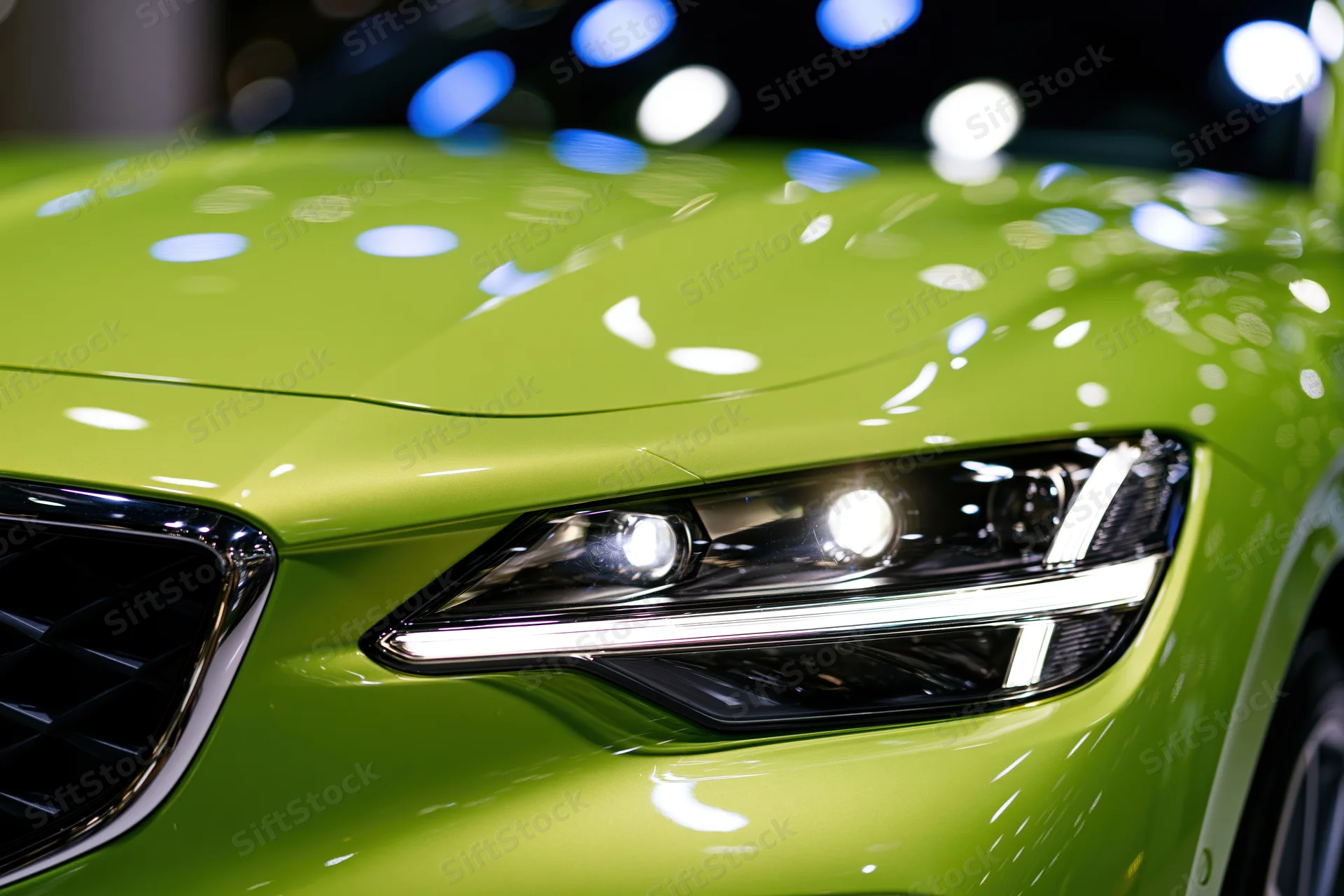 Close-up of a green metallic sports car headlight glowing in a showroom setting