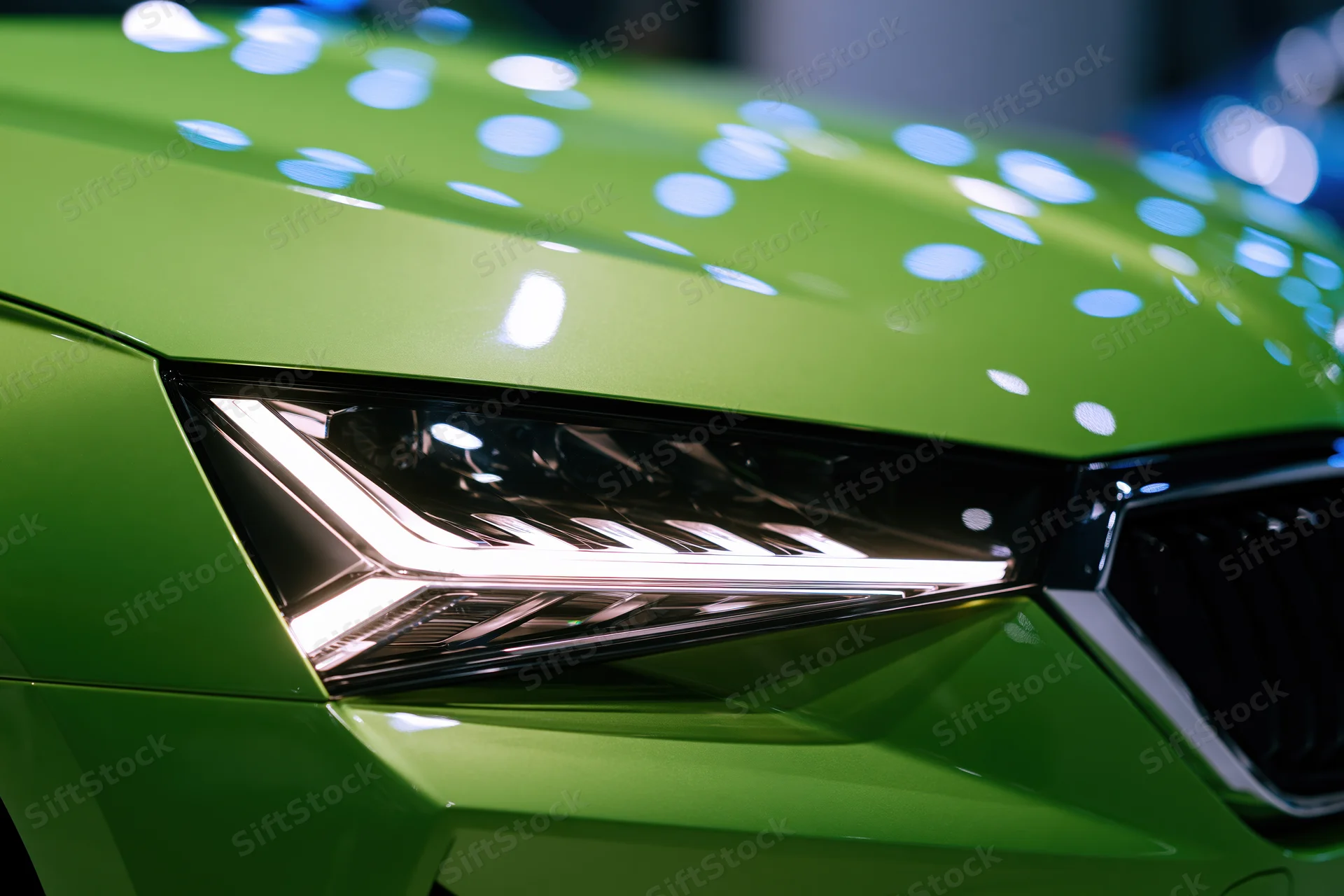 Close-up of a green metallic sports car headlight glowing with reflections on the hood
