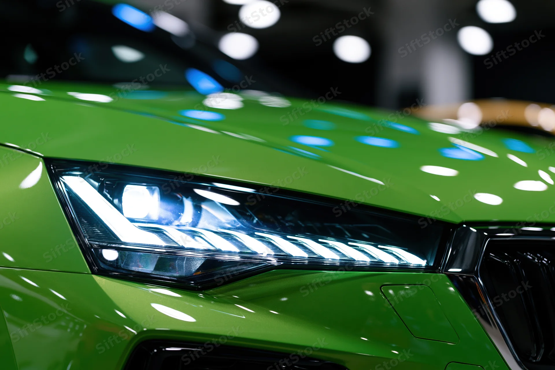 Close-up of a green metallic sports car headlight glowing in a showroom with reflections and bokeh lights