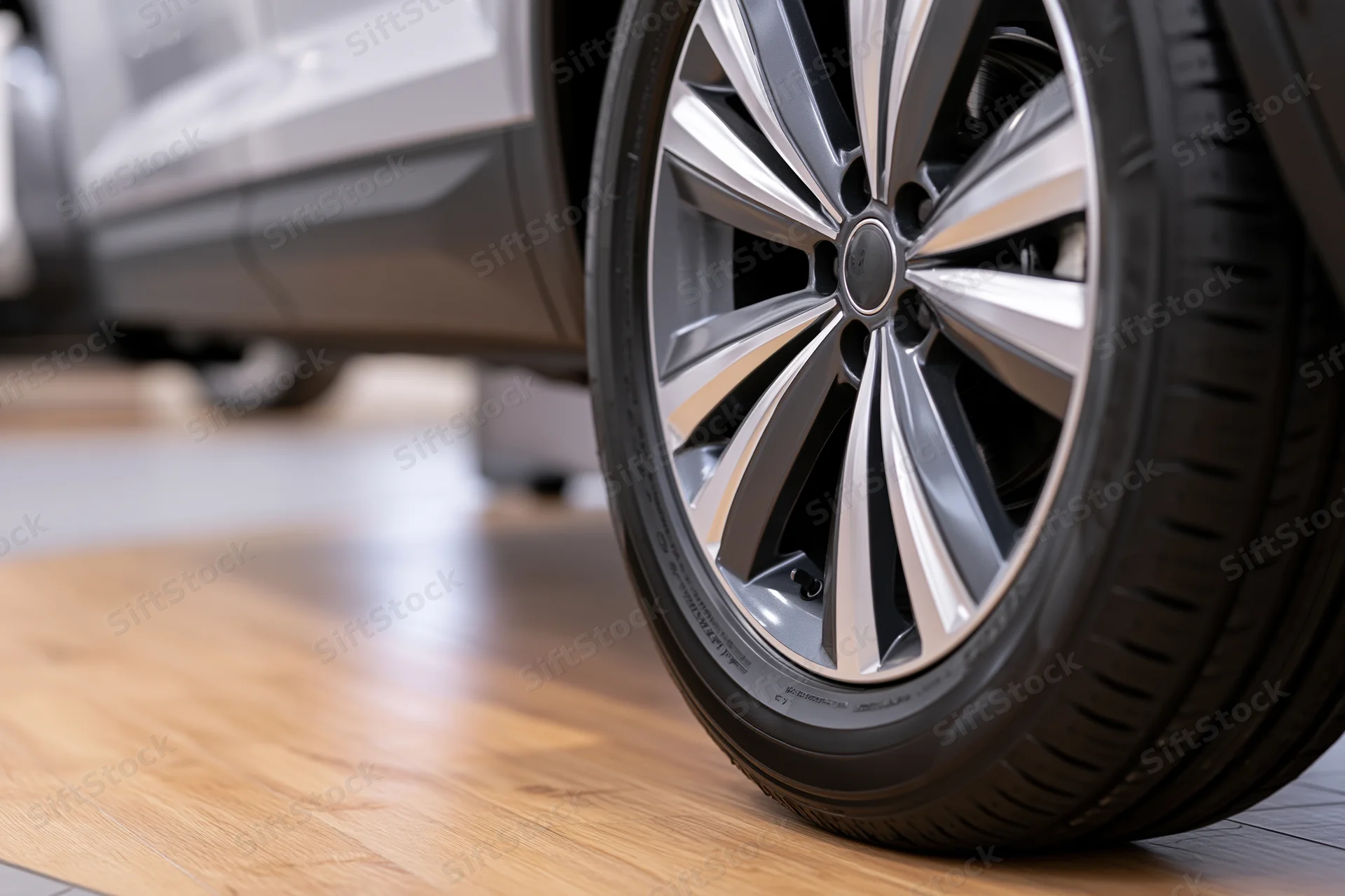 Close-up of a modern suv alloy wheel and low-profile tire on wooden flooring