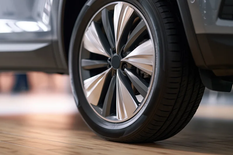Close-up of a modern suv alloy wheel and low-profile tire on a polished wooden floor