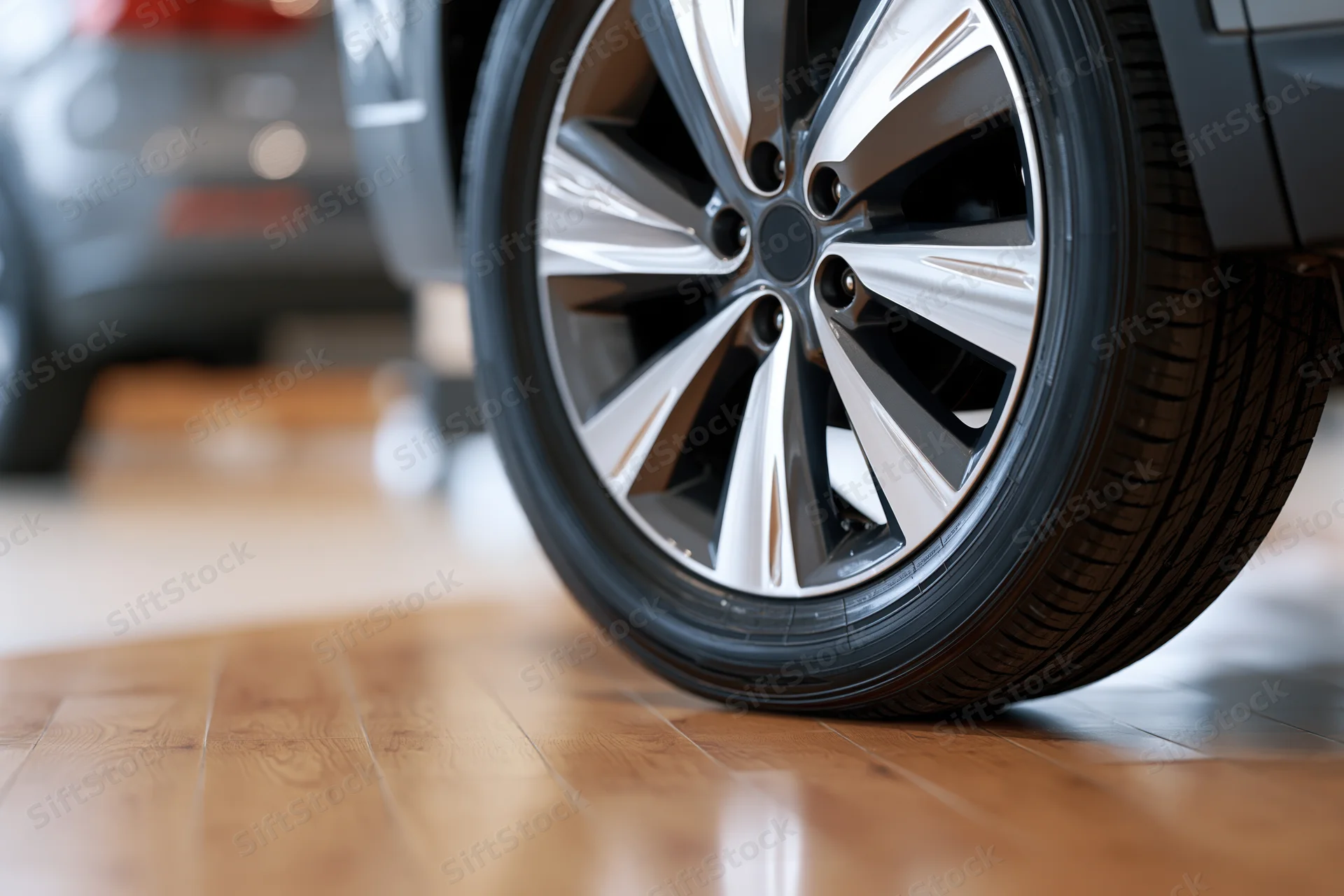 Close-up of a modern suv alloy wheel and low-profile tire on a wooden floor