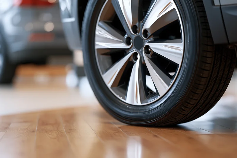 Close-up of a modern suv alloy wheel and low-profile tire on a wooden floor