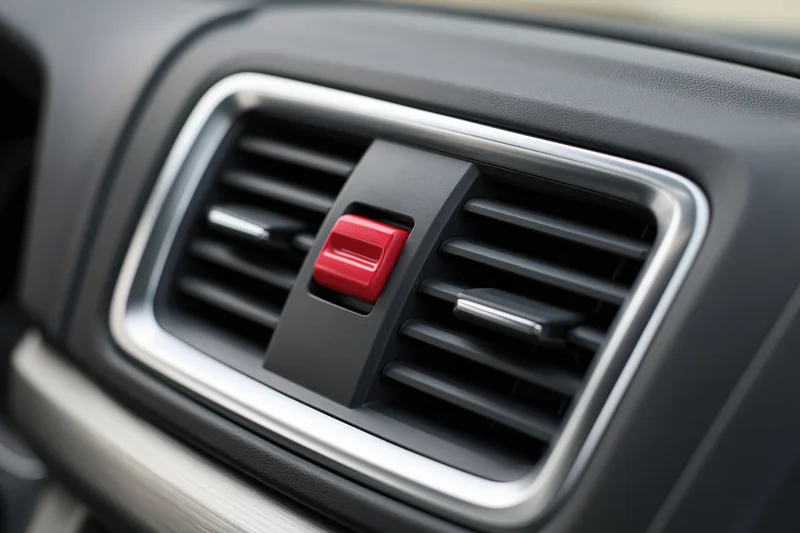 Close-up of a car dashboard vent with red control button and silver trim