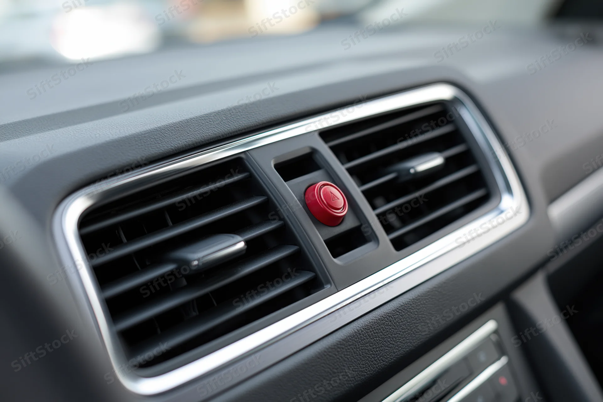 Close-up of car dashboard center vent cluster with red button and chrome trim