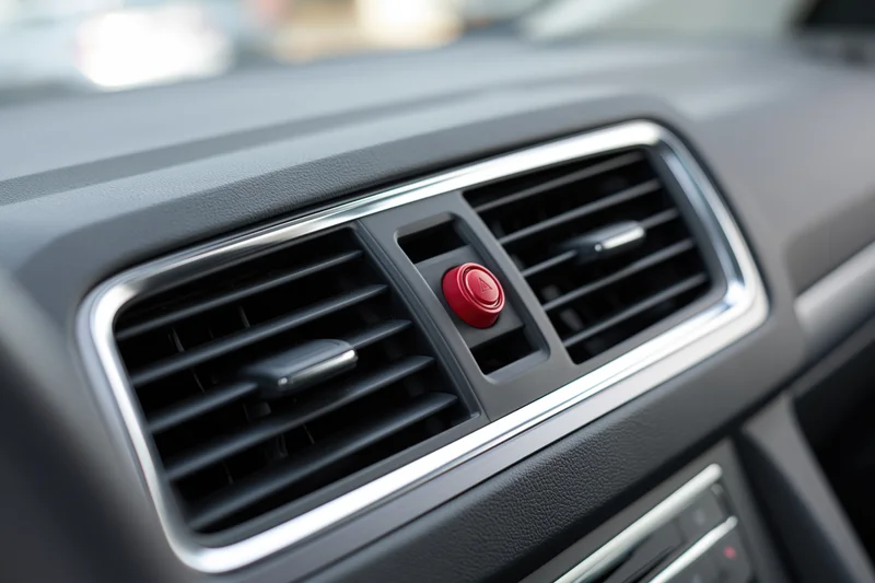 Close-up of car dashboard center vent cluster with red button and chrome trim