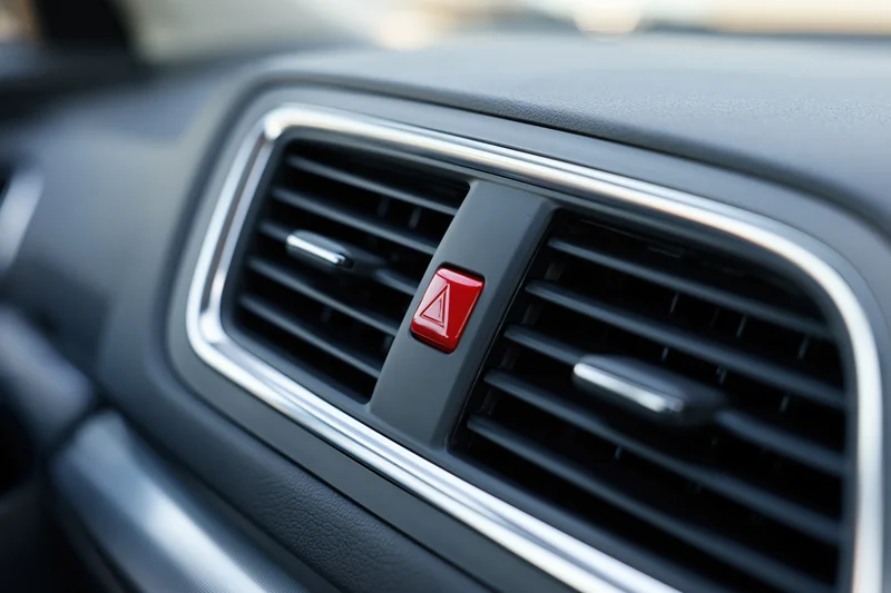 Close-up of a modern car dashboard center vent with red hazard warning button
