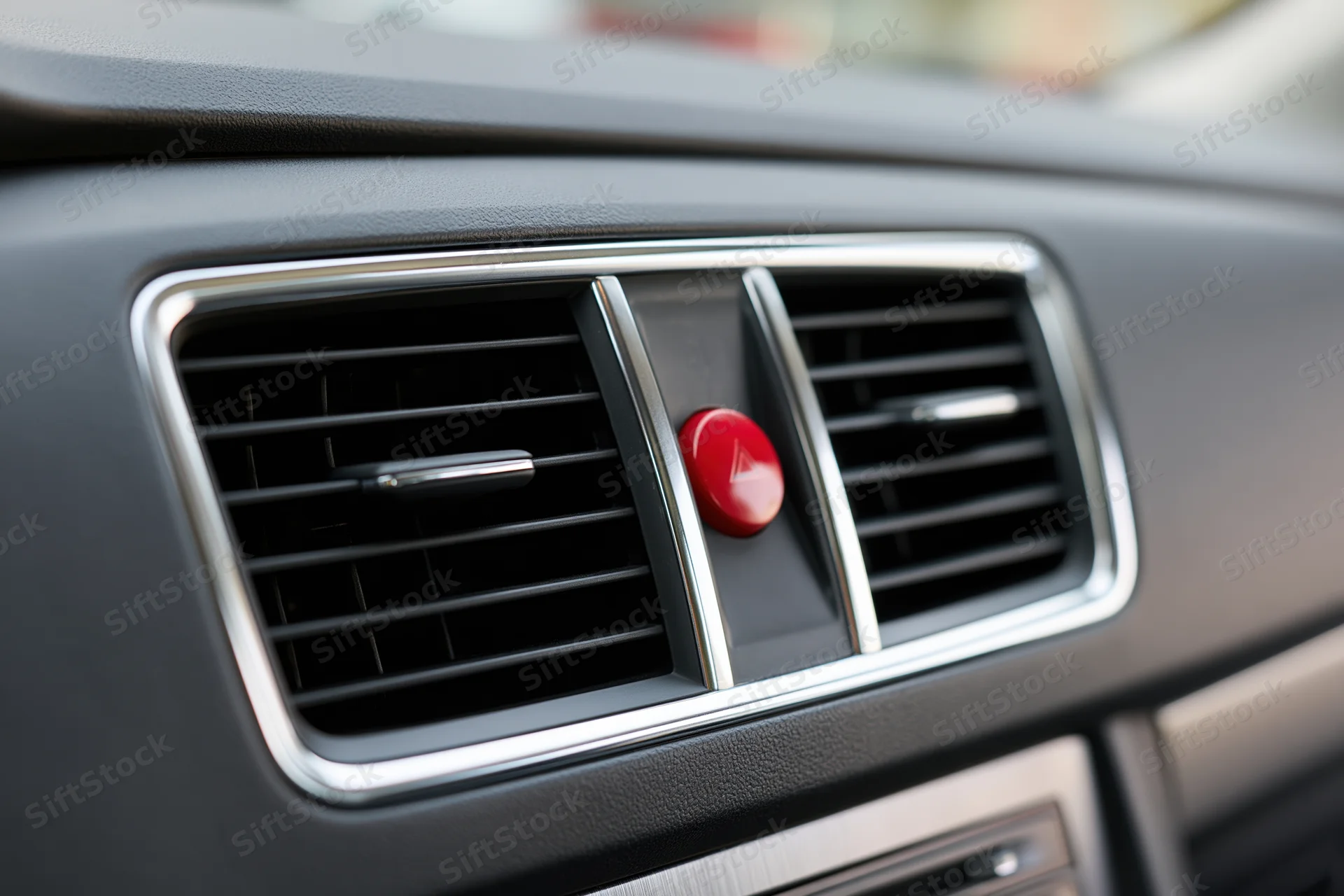 Close-up of a modern car dashboard center vent cluster with a red button and chrome trim