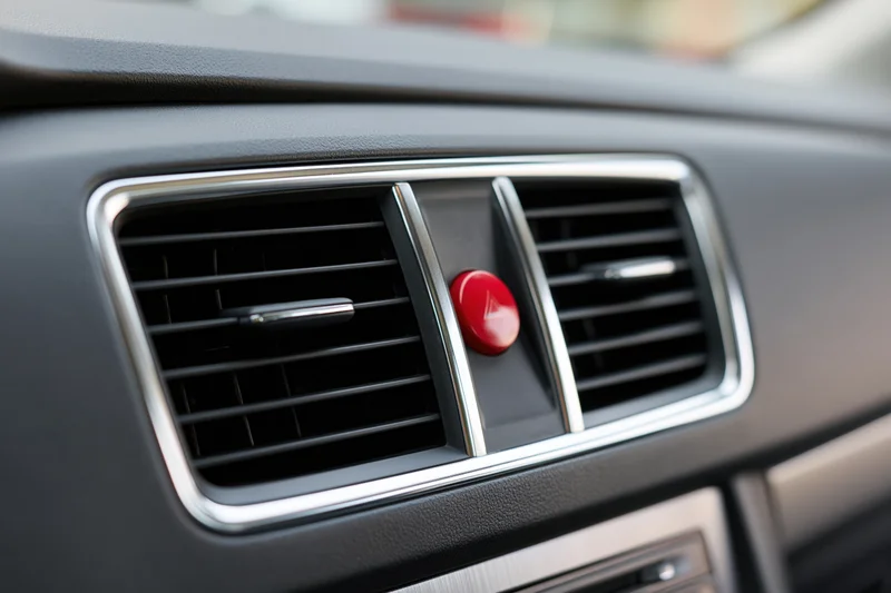Close-up of a modern car dashboard center vent cluster with a red button and chrome trim