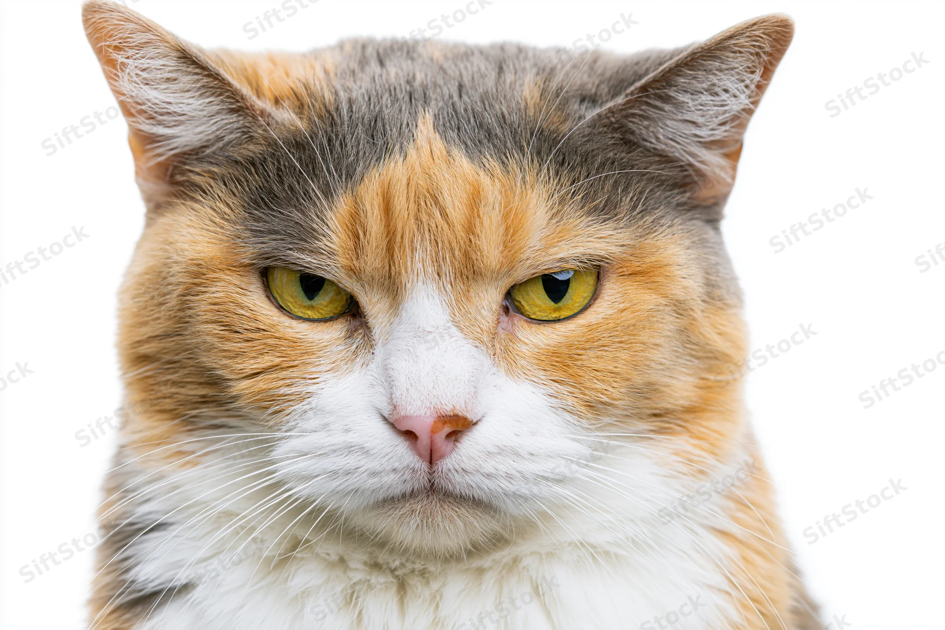Close-up portrait of a calico cat staring directly at the camera with intense yellow eyes, isolated on white background