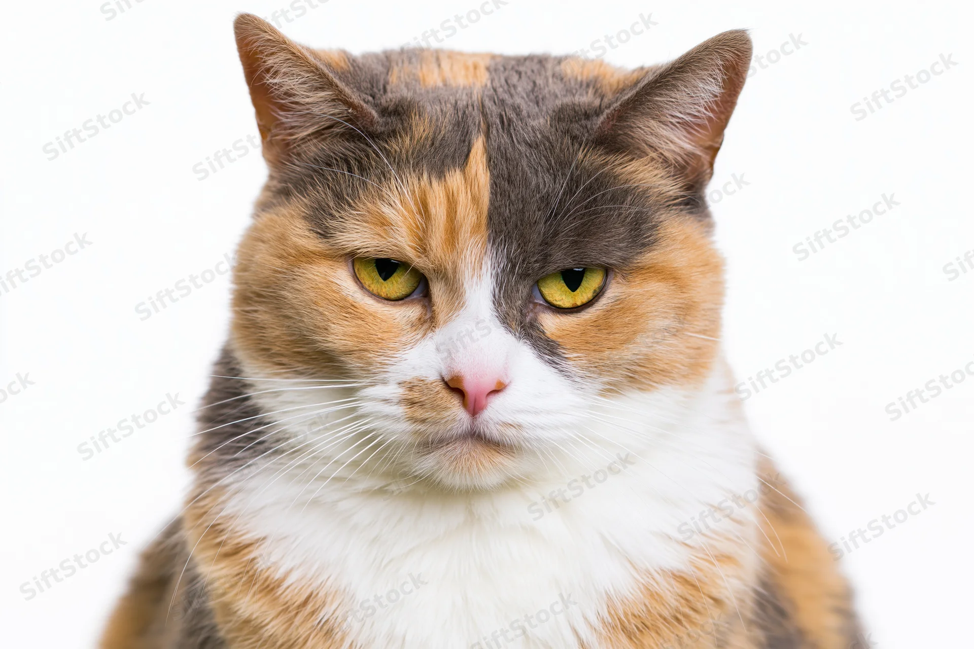 Calico cat staring directly at camera in studio portrait