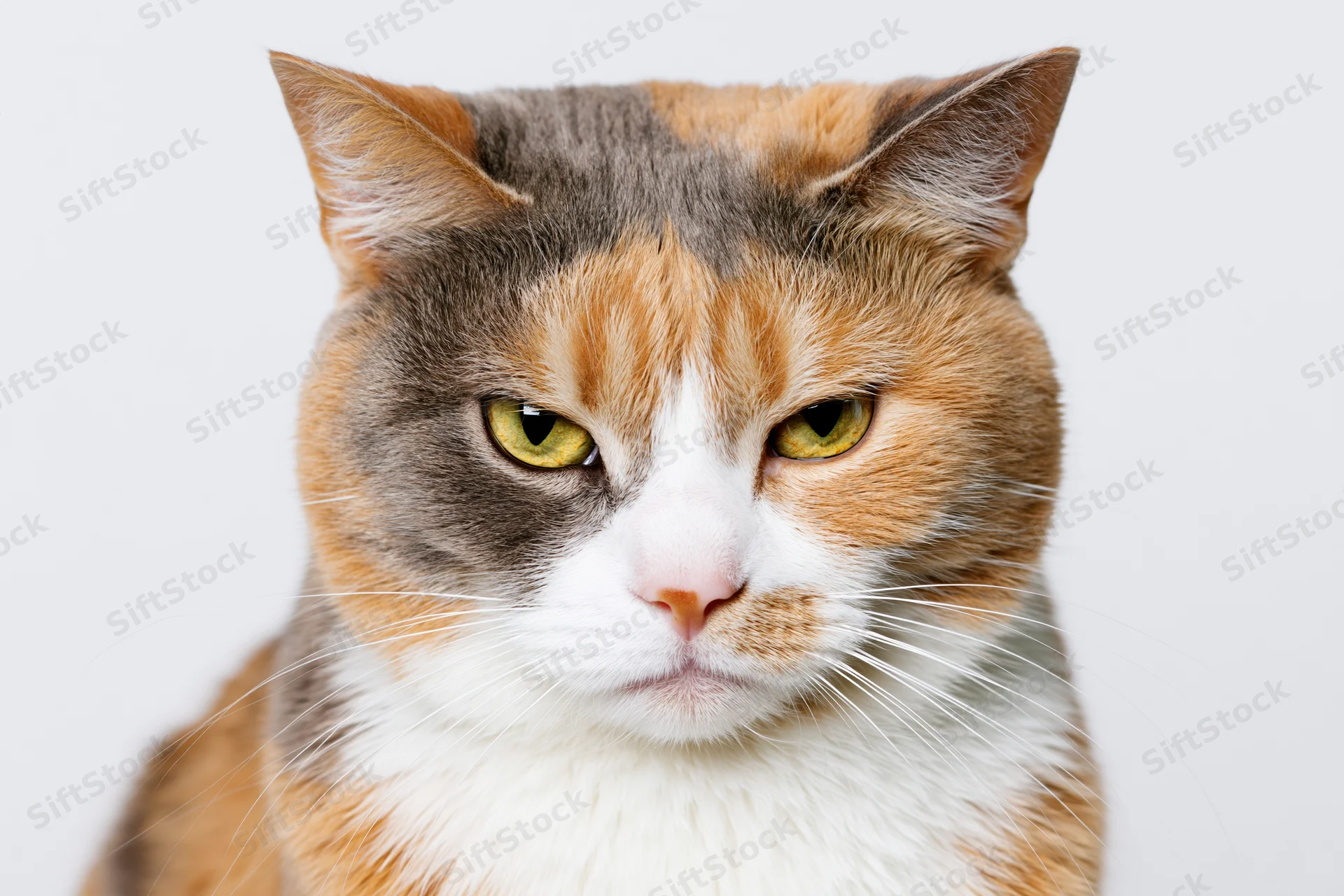 Calico cat staring directly at camera in studio portrait