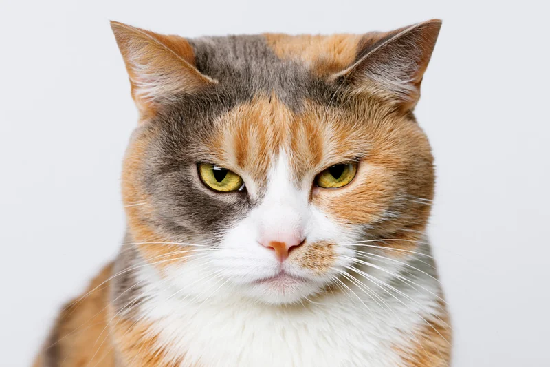 Calico cat staring directly at camera in studio portrait