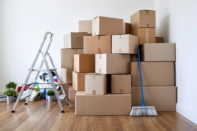 Pile of cardboard moving boxes stacked against a wall in a room with a ladder and broom nearby