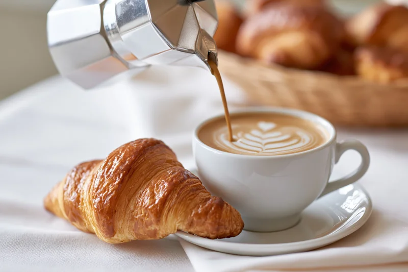 Coffee being poured from a silver moka pot into a white ceramic cup with latte art, beside a croissant on a table
