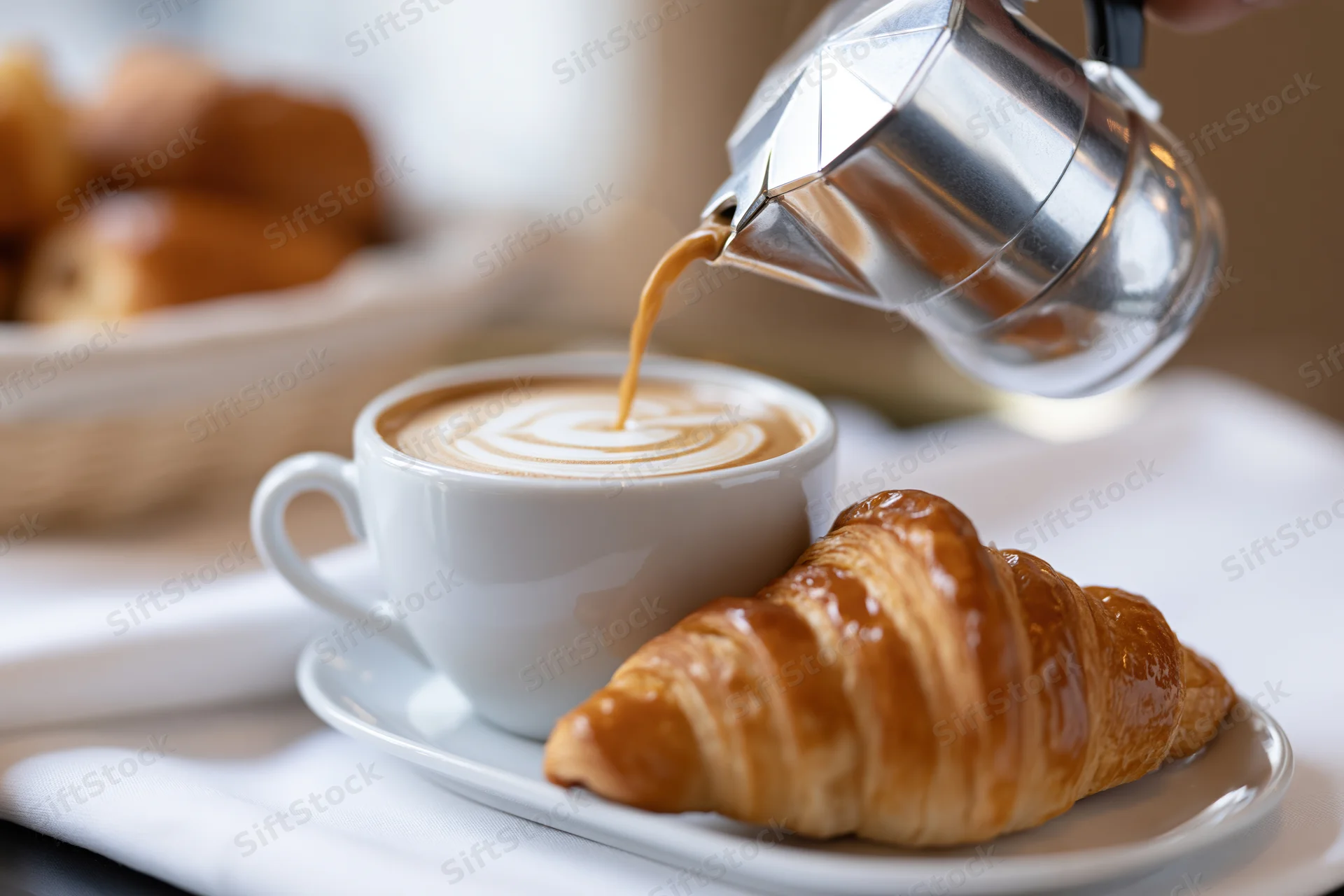 Coffee being poured from a silver pot into a white ceramic cup with latte art next to a croissant on a plate