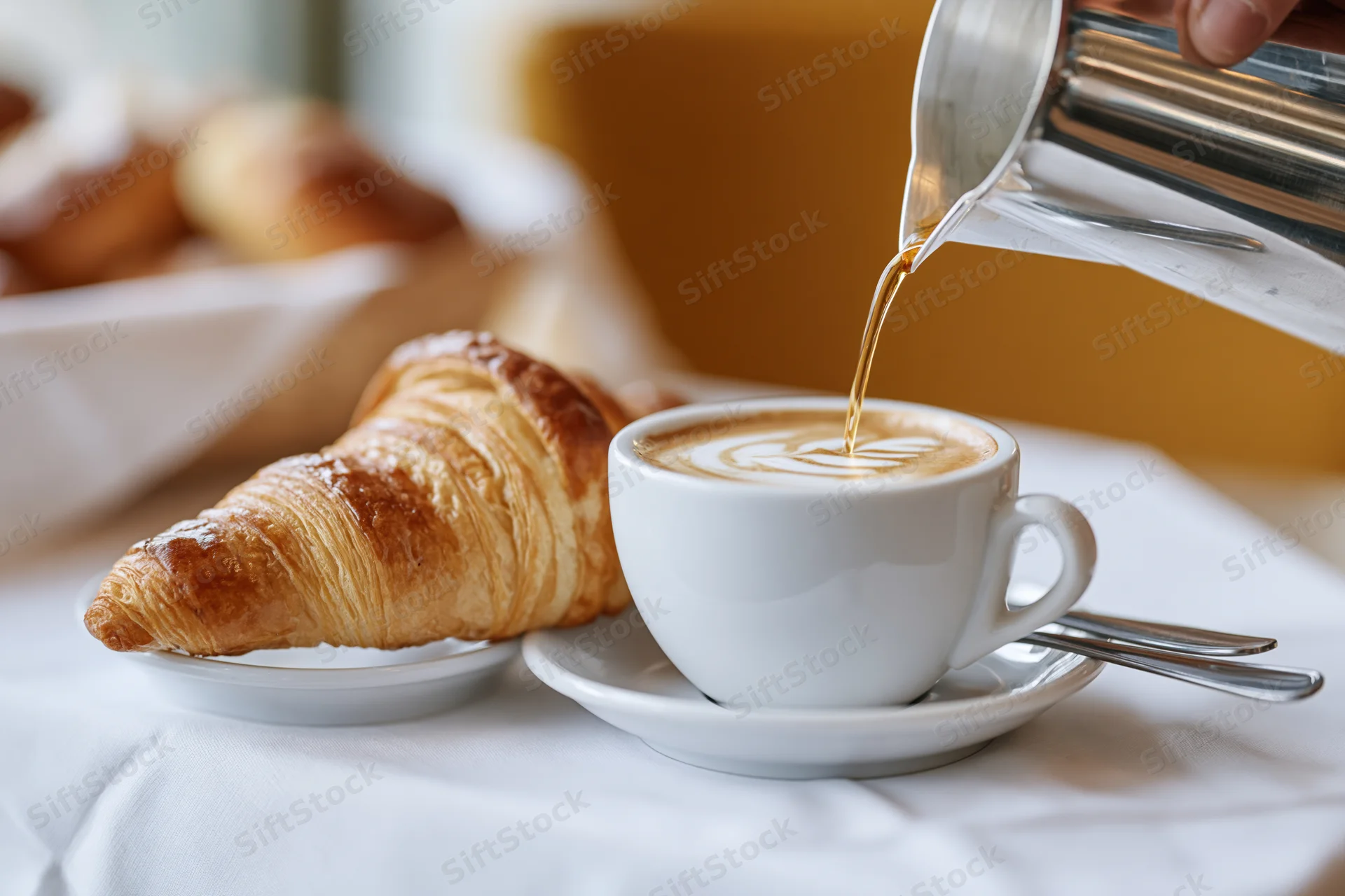 Coffee being poured from a silver pitcher into a white ceramic cup with latte art beside a croissant on a table