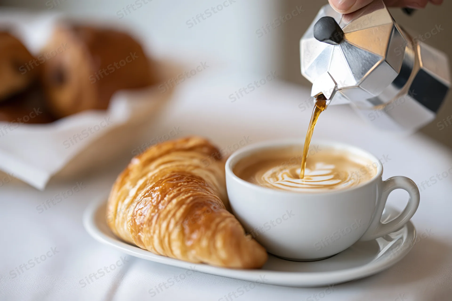 Coffee being poured from a silver moka pot into a white ceramic cup beside a croissant on a table