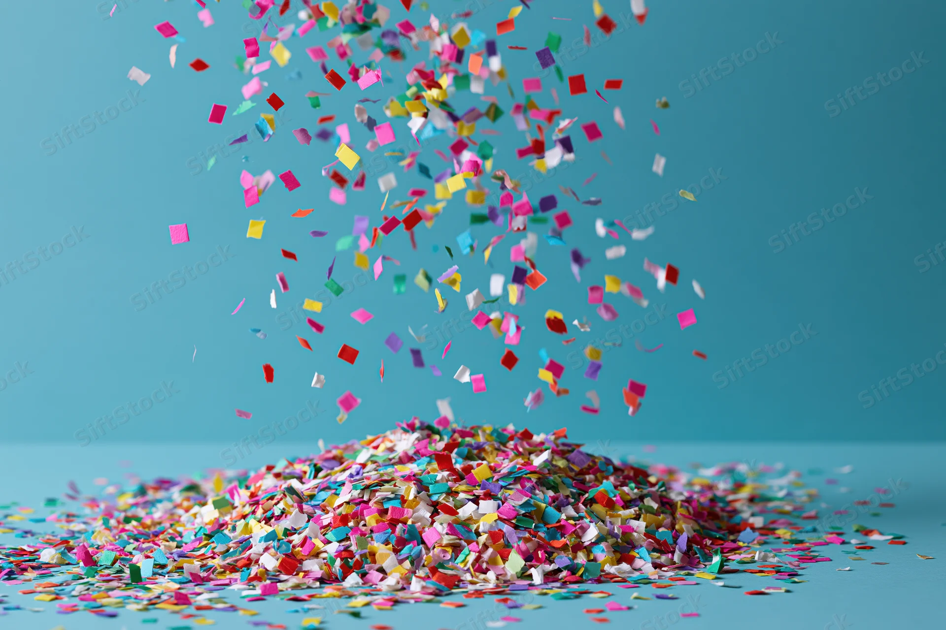 Colorful paper confetti falling and piling up on a blue surface
