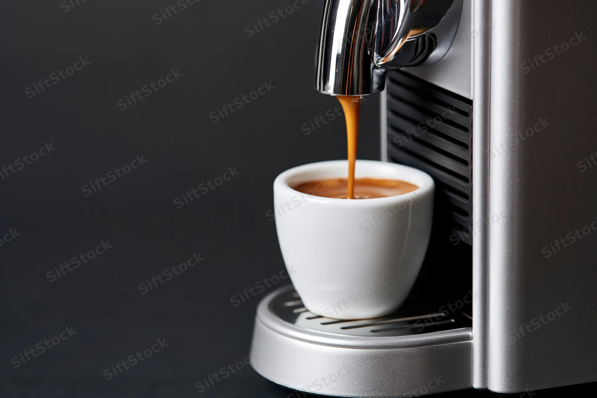 Espresso machine dispensing coffee into a white cup on a dark surface