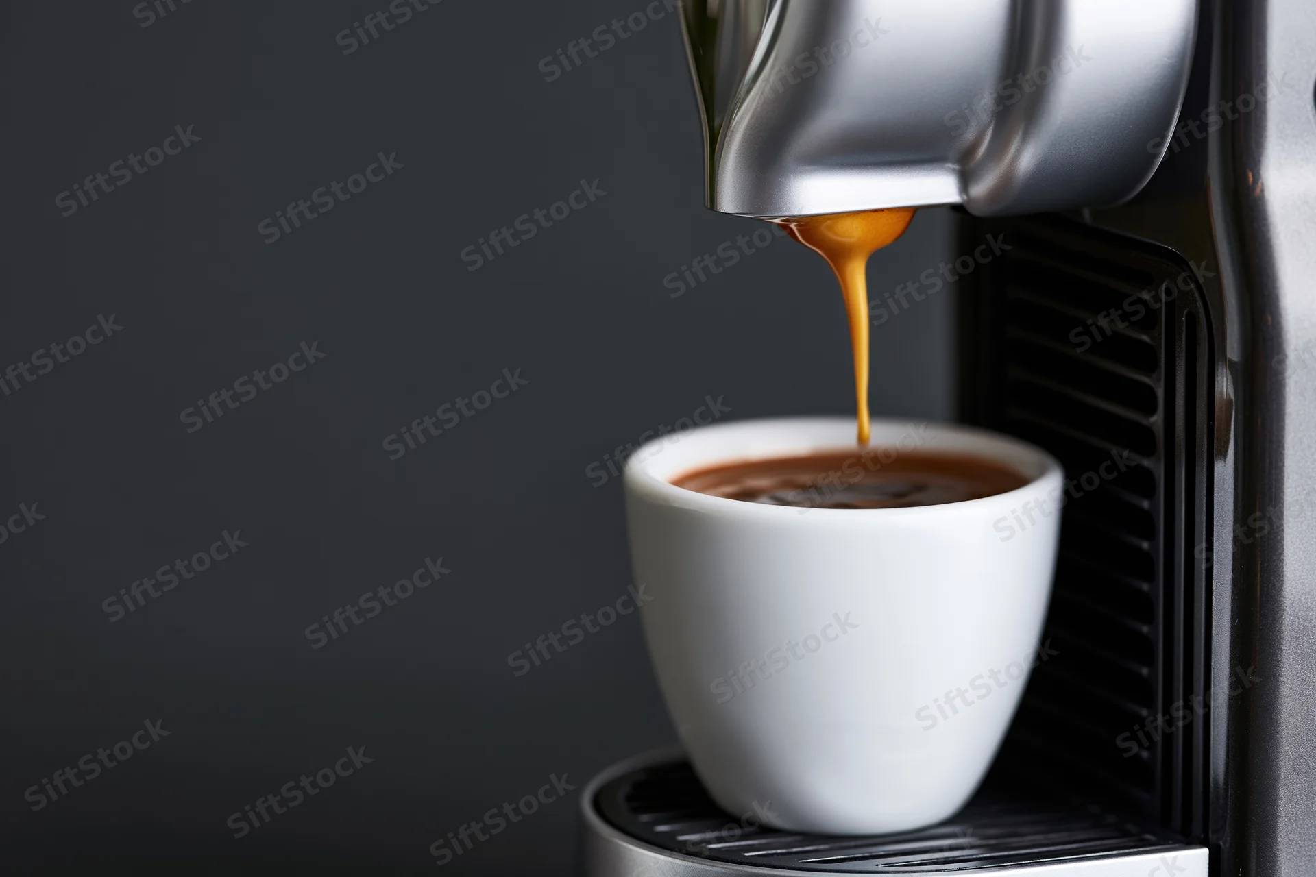 Espresso machine dispensing coffee into a white cup against dark background
