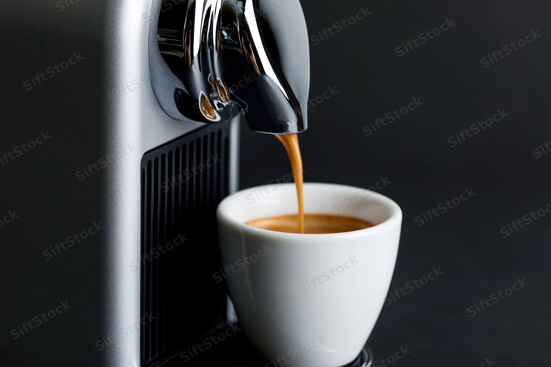 Espresso machine dispensing coffee into a white cup against dark background