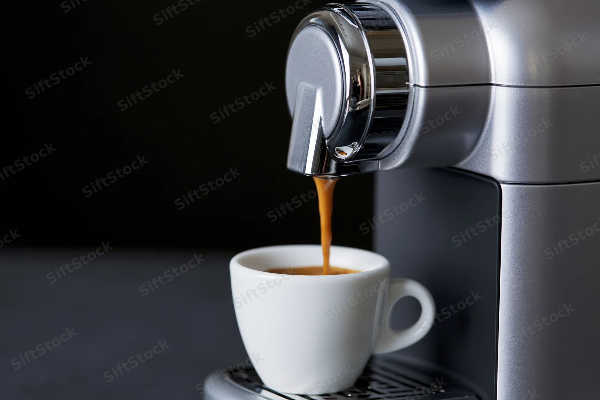 Espresso machine dispensing coffee into a white cup on a dark countertop