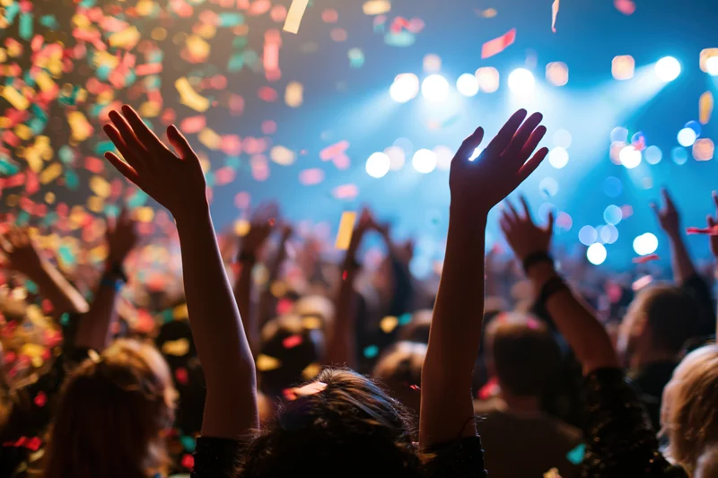 Crowd with arms raised at a concert under colorful stage lights and falling confetti