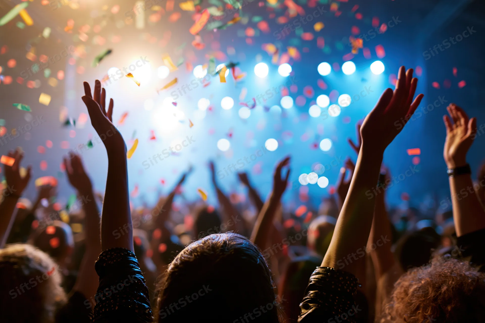 Crowd with arms raised at concert under stage lights and falling confetti