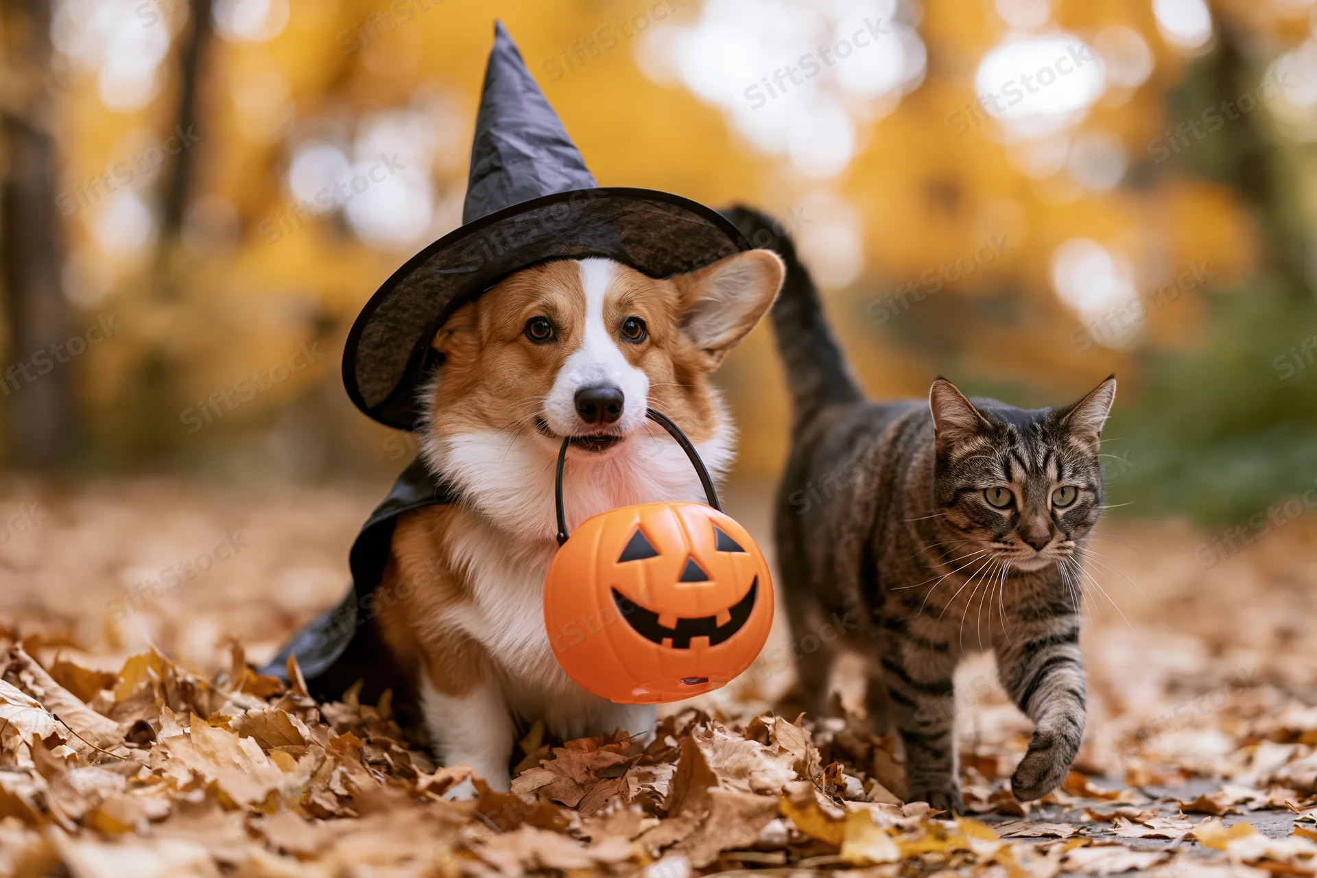 Corgi dog in witch costume holding pumpkin bag with tabby cat walking beside on leaf-covered path in autumn forest