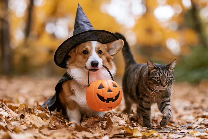 Corgi dog in witch costume holding pumpkin bag with tabby cat walking beside on leaf-covered path in autumn forest