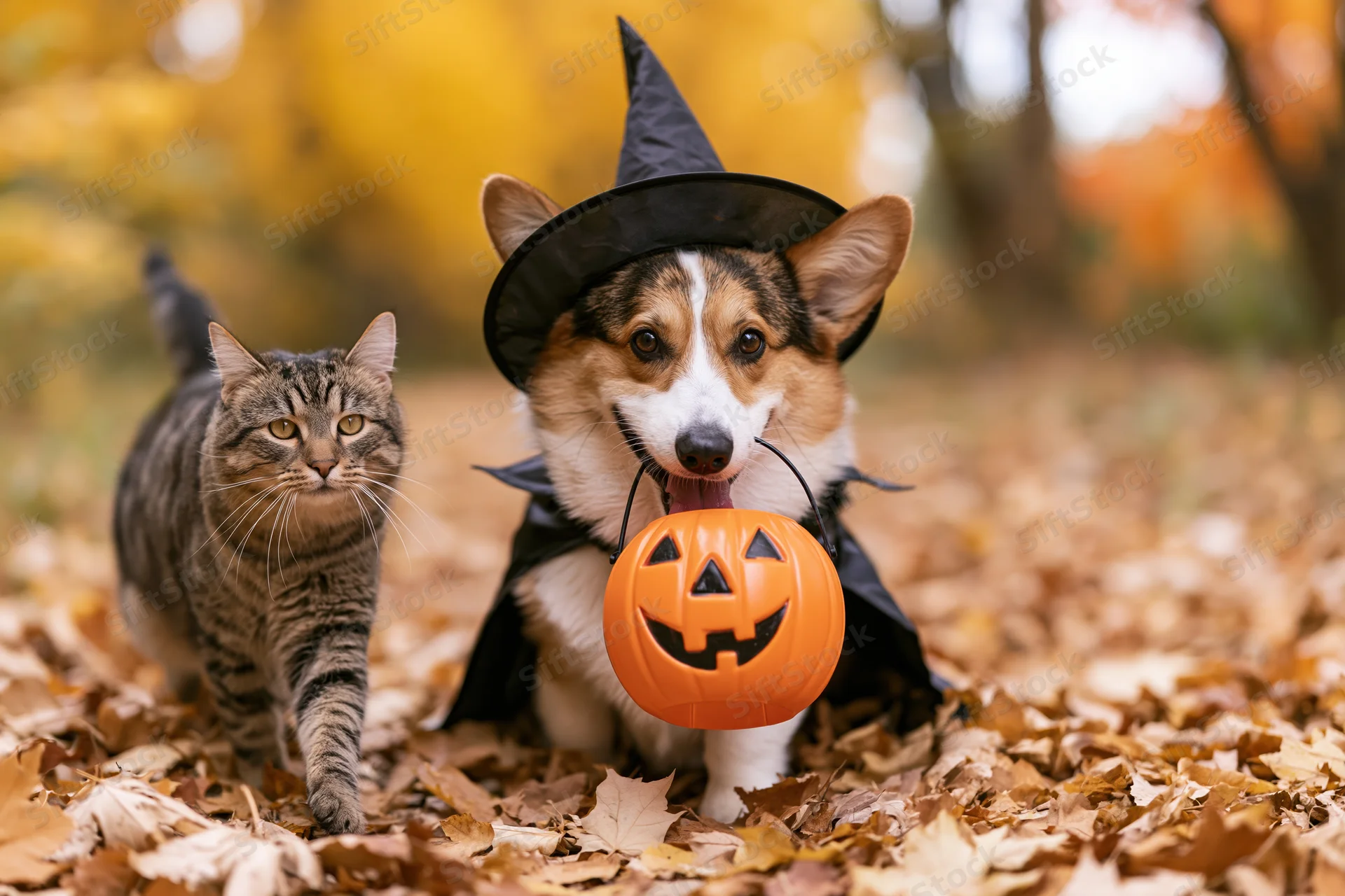 Corgi dog in witch costume holding pumpkin with tabby cat walking nearby in autumn leaves