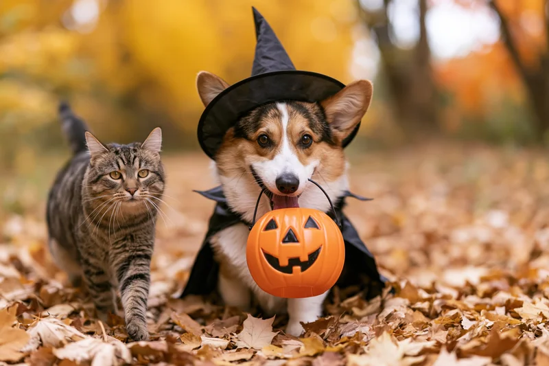 Corgi dog in witch costume holding pumpkin with tabby cat walking nearby in autumn leaves