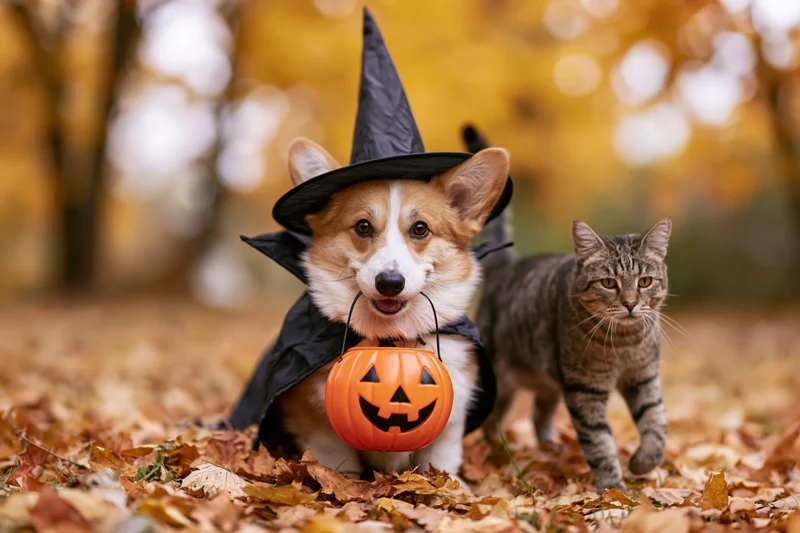 Corgi dog in witch costume holding pumpkin with tabby cat in autumn forest