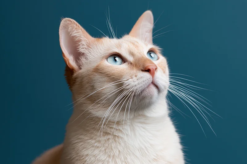 Cream and ginger cat gazing upward against teal background