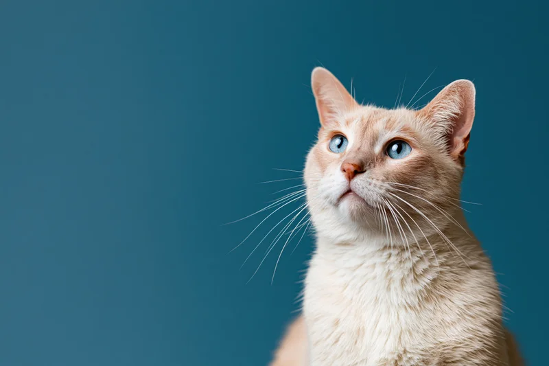 Cream and ginger cat gazing upward against a teal background