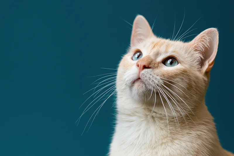 Cream and ginger cat gazing upward against a solid teal background