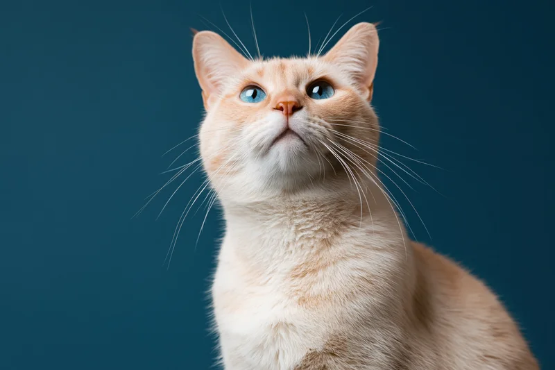 Cream and ginger cat sitting upright gazing upward against a dark teal background