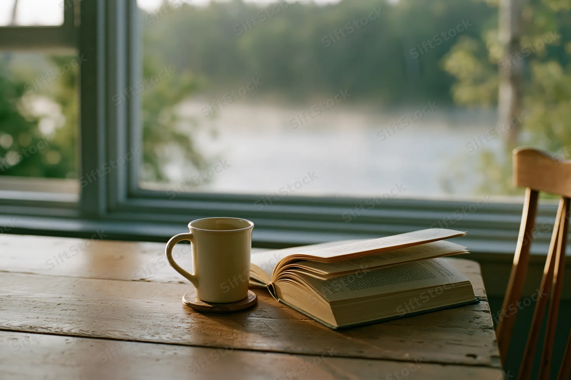 Open book and cream ceramic mug on wooden table by window overlooking river and trees