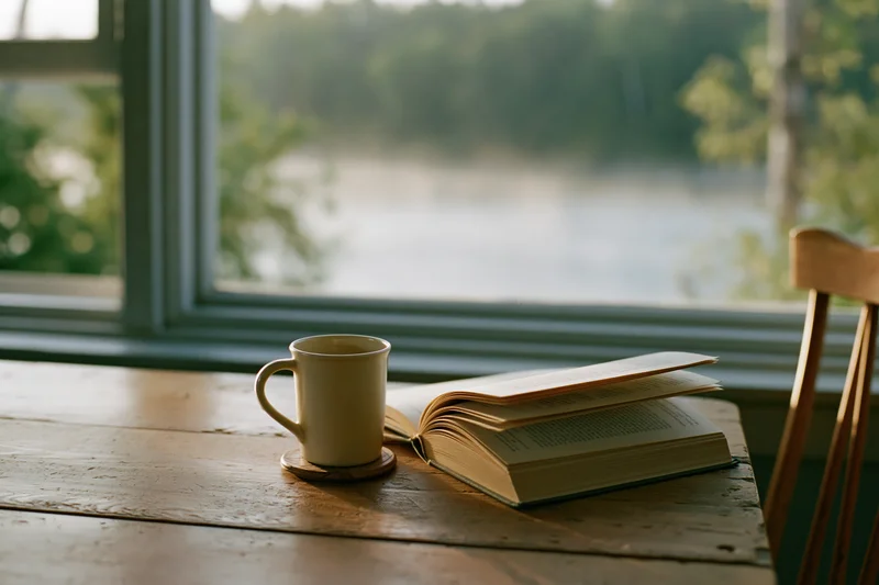 Open book and cream ceramic mug on wooden table by window overlooking river and trees
