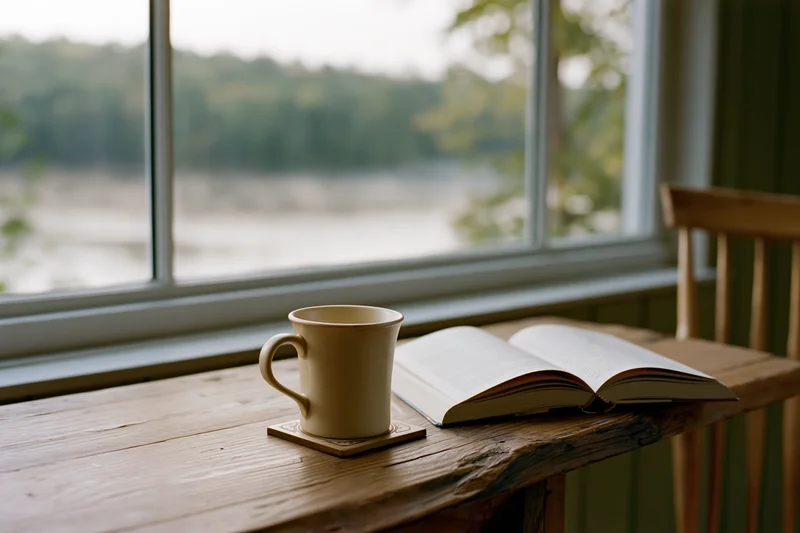 Cream ceramic mug on coaster beside open paperback book on wooden table by window