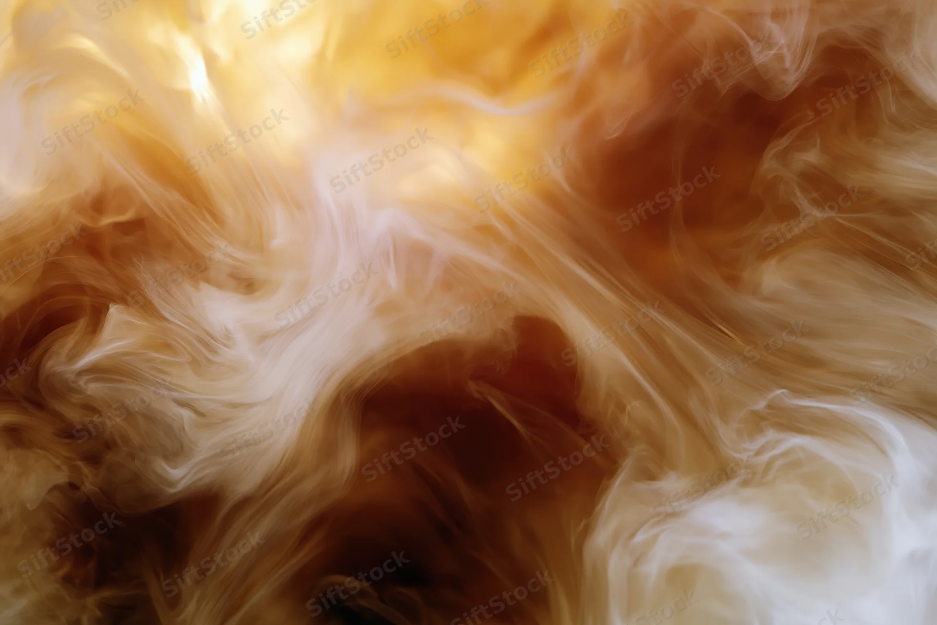 Swirling cream dissolving into dark coffee steam
