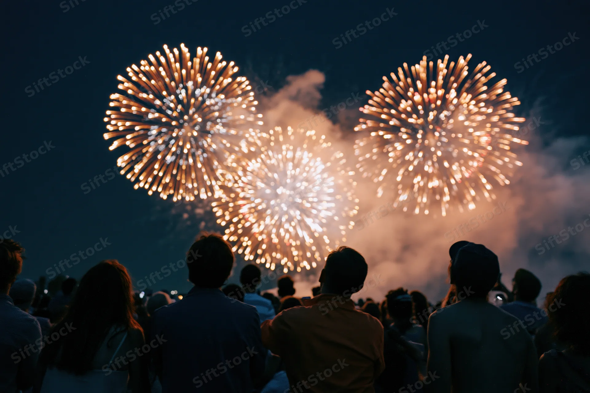 Silhouetted crowd watching fireworks in the night sky outdoors