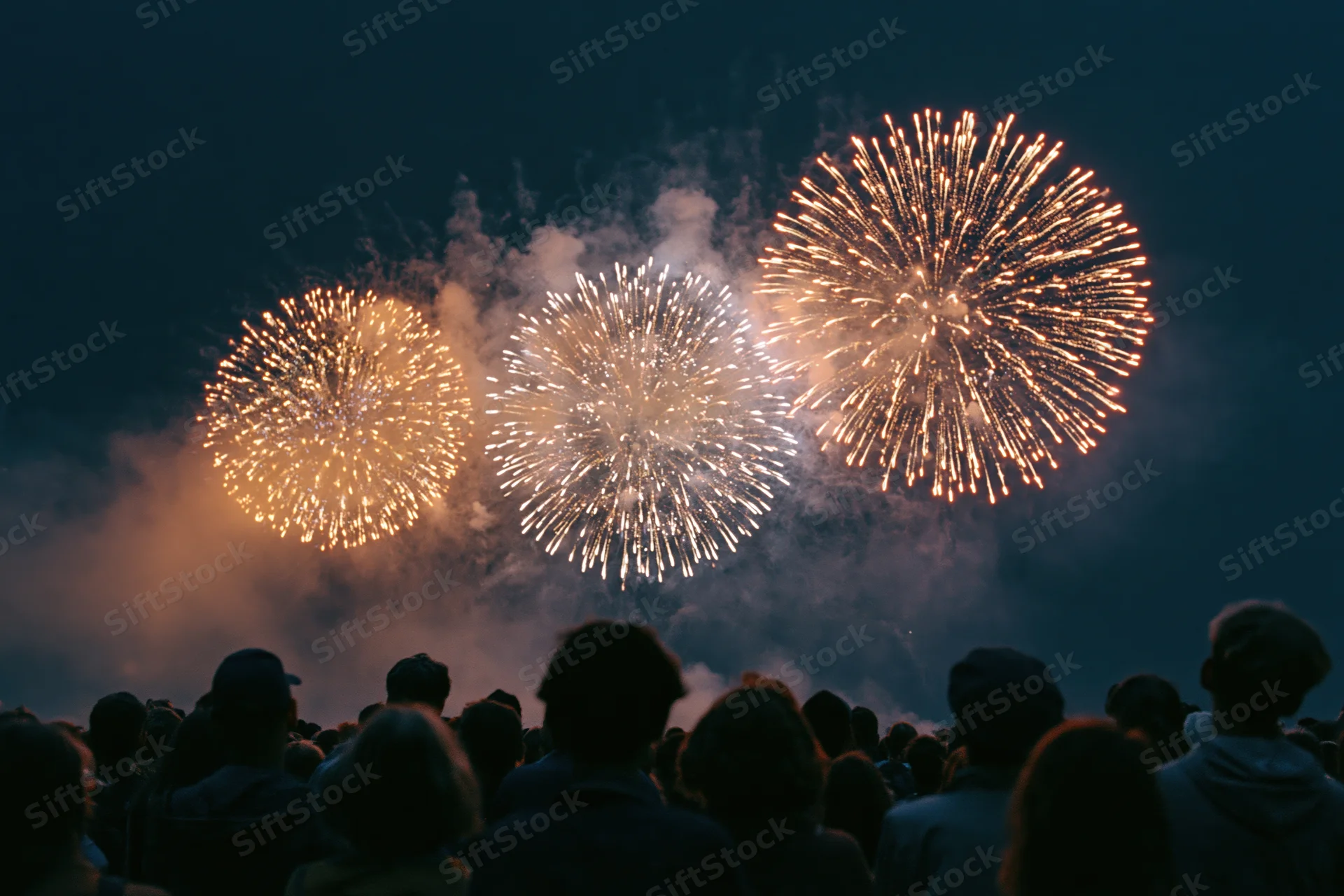 Crowd of people watching fireworks in the night sky outdoors